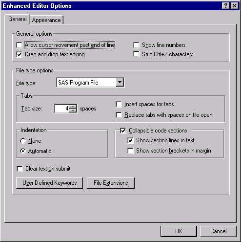 [The Enhanced Editor Options dialog box]