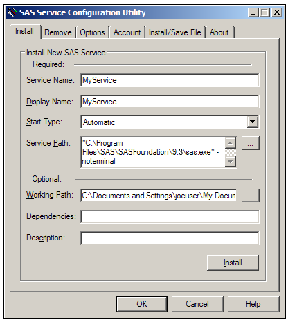 The SAS Service Configuration Utility dialog box