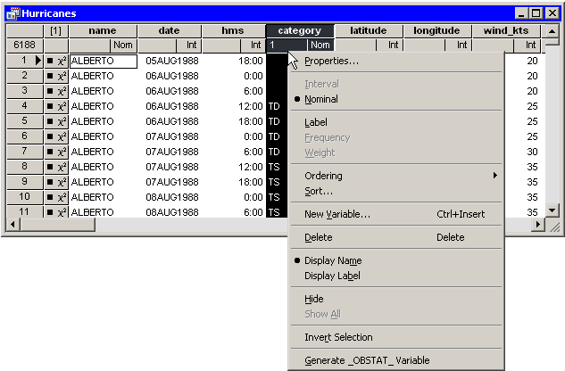 Data Table with the Variables Menu