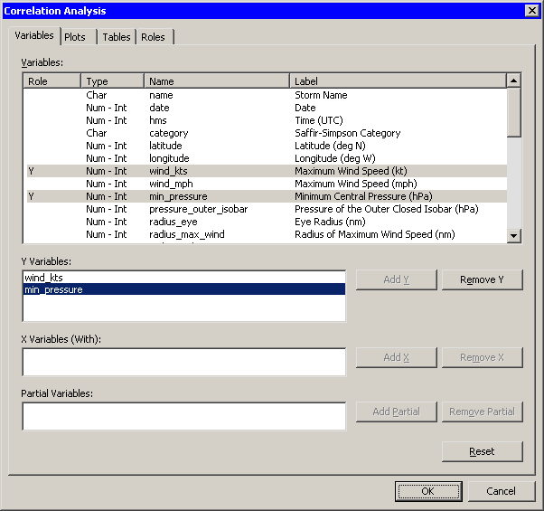 Correlations Analysis Dialog Box