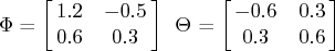\phi=[\matrix{1.2 & -0.5 \cr    0.6 & 0.3 \cr    }]   \theta=[\matrix{-0.6 & 0.3 \cr    0.3 & 0.6 \cr    }] 