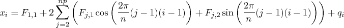x_i = f_{1,1} + 2 \sum_{j=2}^{np}    ( f_{j,1} \cos ( \frac{2 \pi}n (j-1)(i-1) ) +    f_{j,2} \sin ( \frac{2 \pi}n (j-1)(i-1) )    ) + q_i 
