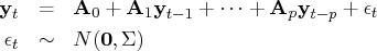 {y}_t & = & {a}_0 + {a}_1 {y}_{t-1} +  ...  +    {a}_p {y}_{t-p} + \epsilon_t \   \epsilon_t & \sim & n(0, \sigma) 