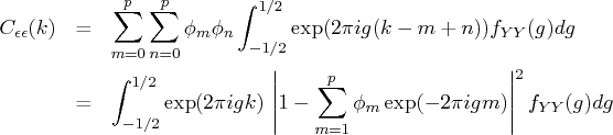 c_{\epsilon\epsilon}(k) & = & \sum_{m=0}^p \sum_{n=0}^p \phi_m\phi_n    \int_{-1/...   ...^{1/2} \exp(2\pi igk)    \,| 1-\sum_{m=1}^p \phi_m\exp(-2\pi igm)|^2 f_{yy}(g)dg 