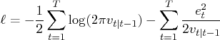 \ell = -\frac{1}2\sum_{t=1}^t \log(2\pi v_{t| t-1})    - \sum_{t=1}^t \frac{e_t^2}{2v_{t| t-1}} 
