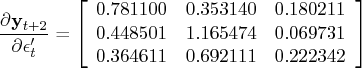\frac{\partial{y}_{t+2}}{\partial\epsilon^'_t} =    [0.781100 & 0.353140 & 0.180211 \    0.448501 & 1.165474 & 0.069731 \    0.364611 & 0.692111 & 0.222342    ] 