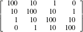 $\displaystyle  \left[ \begin{array}{rrrr} 100 &  10 &  1 &  0 \\ 10 &  100 &  10 &  1 \\ 1 &  10 &  100 &  10 \\ 0 &  1 &  10 &  100 \end{array} \right]  $