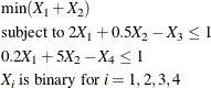 \begin{eqnarray*} & &  \min ( X_1 + X_2 ) \\ & &  \mbox{subject to } 2X_1 + 0.5X_2 -X_3 \leq 1 \\ & &  0.2X_1 + 5X_2 -X_4 \leq 1 \\ & &  X_ i \mbox{ is binary for } i = 1,2,3,4 \end{eqnarray*}
