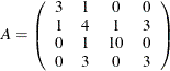 \[  A = \left( \begin{array}{cccc} 3 &  1 &  0 &  0 \\ 1 &  4 &  1 &  3 \\ 0 &  1 &  10 &  0 \\ 0 &  3 &  0 &  3 \end{array}\right)  \]