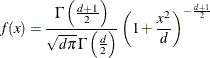 \[ f(x) = \frac{\Gamma \left(\frac{d+1}{2}\right)}{\sqrt {d\pi }\, \Gamma \left(\frac{d}{2}\right)}\left(1+\frac{x^2}{d}\right)^{-\frac{d+1}{2}} \]