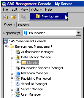 SAS Management Console menu for starting the New Library wizard
