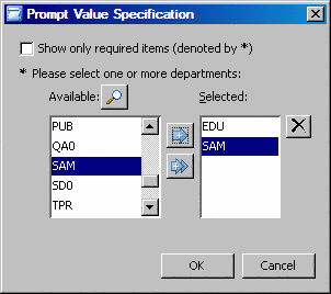 Prompt Value Specification dialog box
