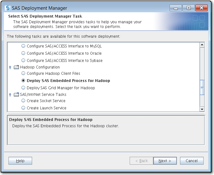 Start the deployment of the SAS Embedded Process for Hadoop using the SAS Deployment Manager.