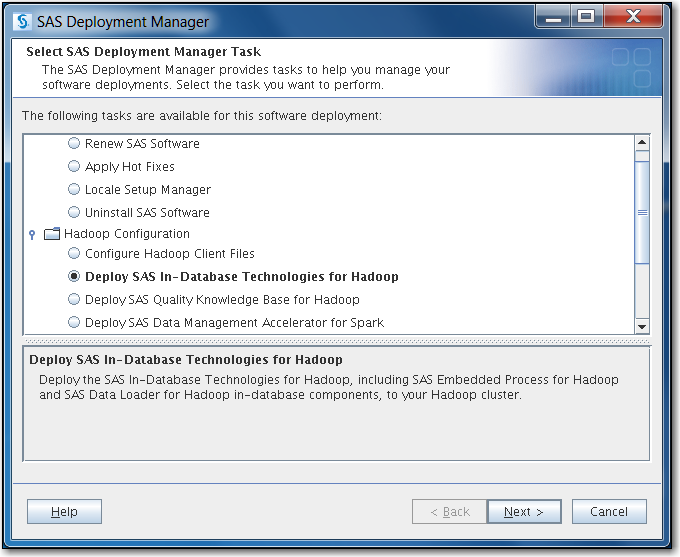 Start the deployment of the SAS In-Database Technologies for Hadoop using the SAS Deployment Manager.
