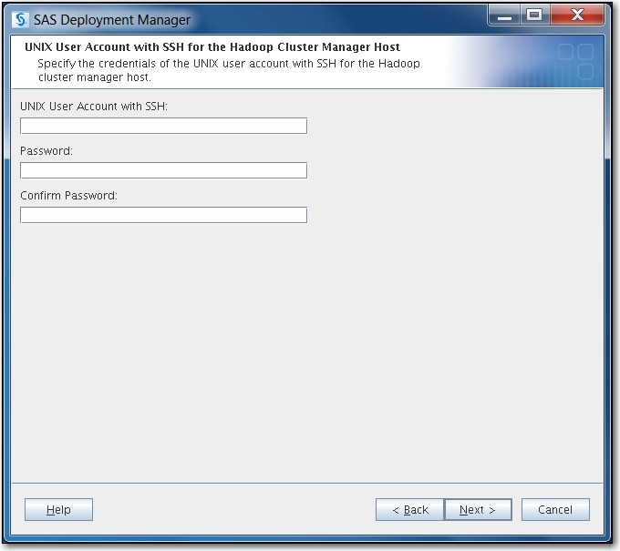 Specify the SSH account credentials for your Hadoop cluster manager.