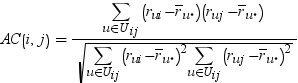 The equation to calculate the adjusted cosine measure for items i and j