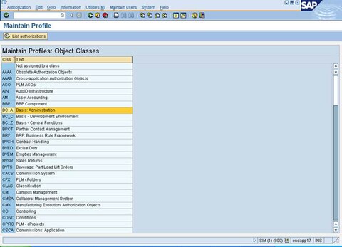 Maintain Profiles: Object Classes Window