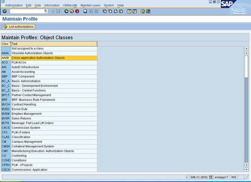 Maintain Profiles: Object Classes Window
