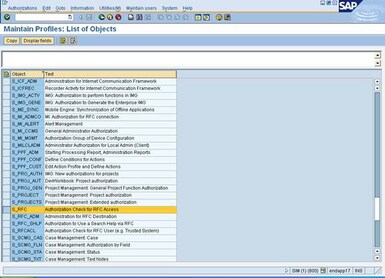 Maintain Profiles: List of Objects Window