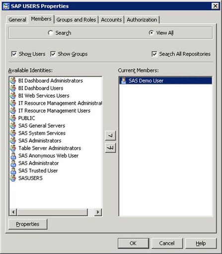 SAP USERS Properties: Members Tab
