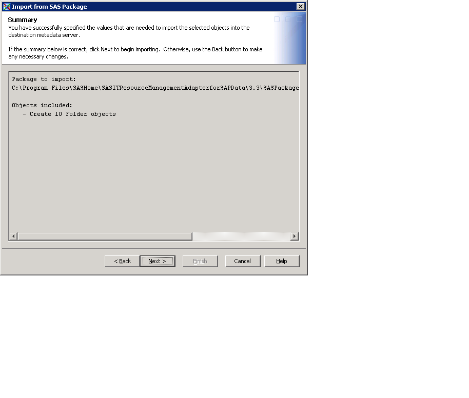 Summary, Import from SAS Package Window