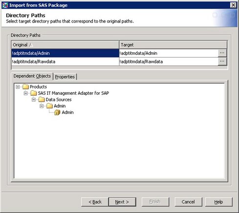 Directory Paths, Import from SAS Package Window