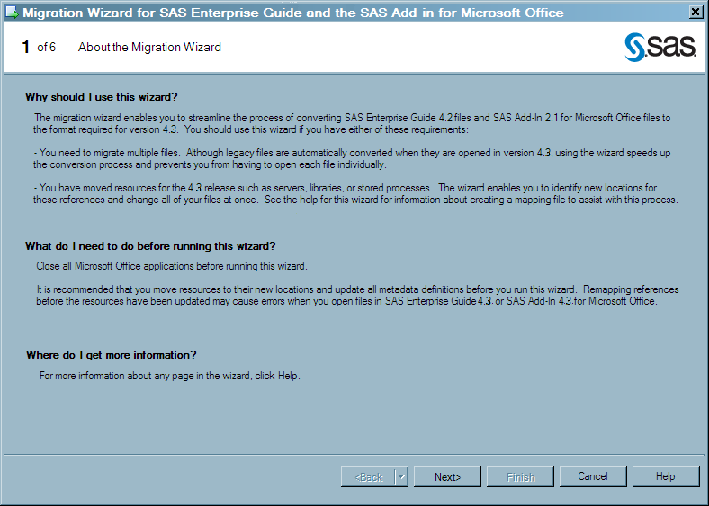 Page 1 of the SAS Enterprise Guide Migration Wizard