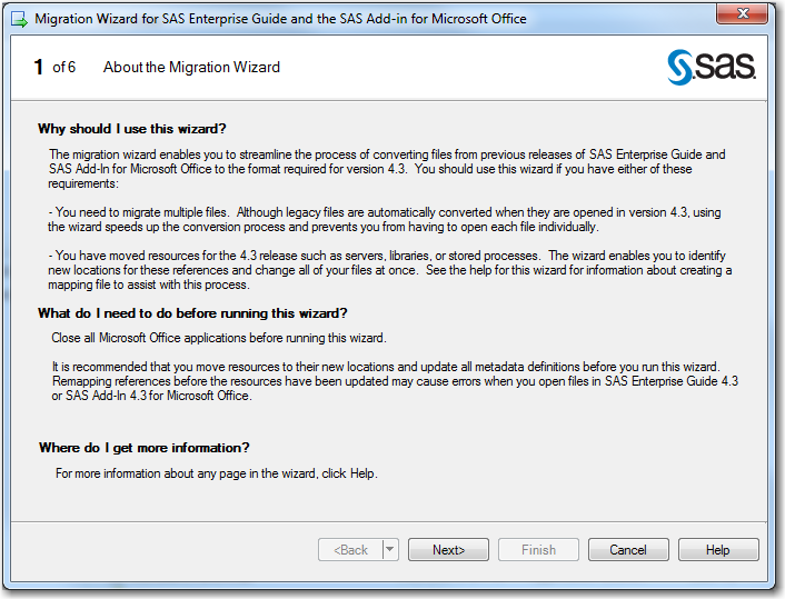 Page 1 of the SAS Enterprise Guide Migration Wizard