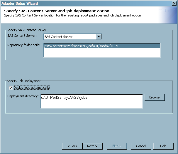 Specify SAS Content Server and Job Deployment Page