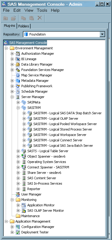 Expanded Left Panel of SAS Management Console