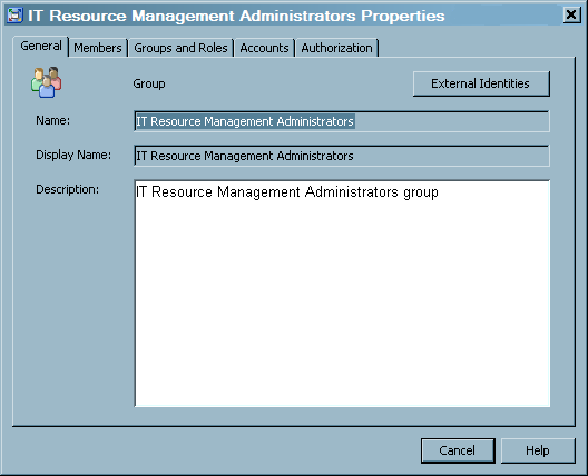 IT Resource Management Administrators Properties Dialog Box