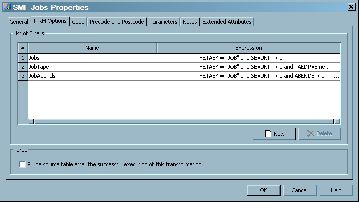 ITRM Options Tab of an Aggregation Transformation