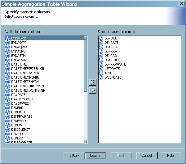 Specify Target Columns Page of the Simple Aggregation Table Wizard