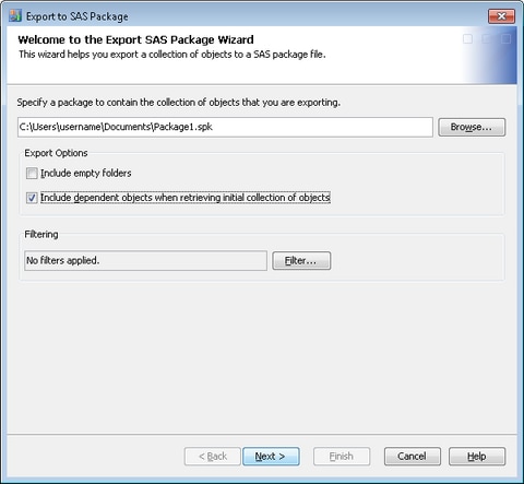 First Page of the Export SAS Package Wizard