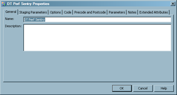 Sample Properties Dialog Box for a DT Perf Sentry Staging Transformation
