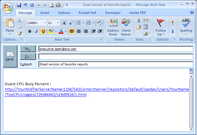 Sample E-mail with a Link to a Favorite Report