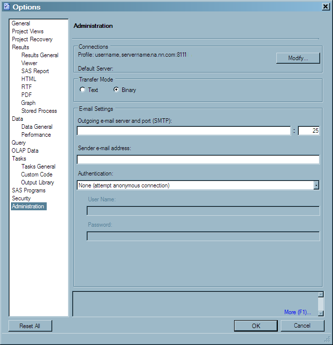 Administration Window of the Options Dialog Box