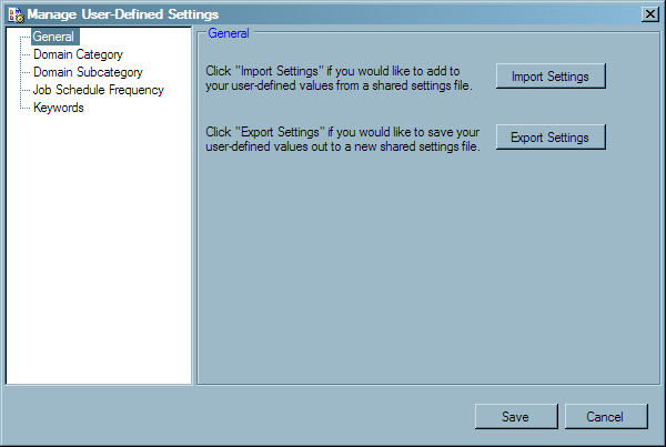 Manage User-Defined Settings Page for Import and Export Settings