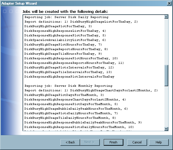 List of Report Jobs in the Summary Page of the Adapter Setup Wizard