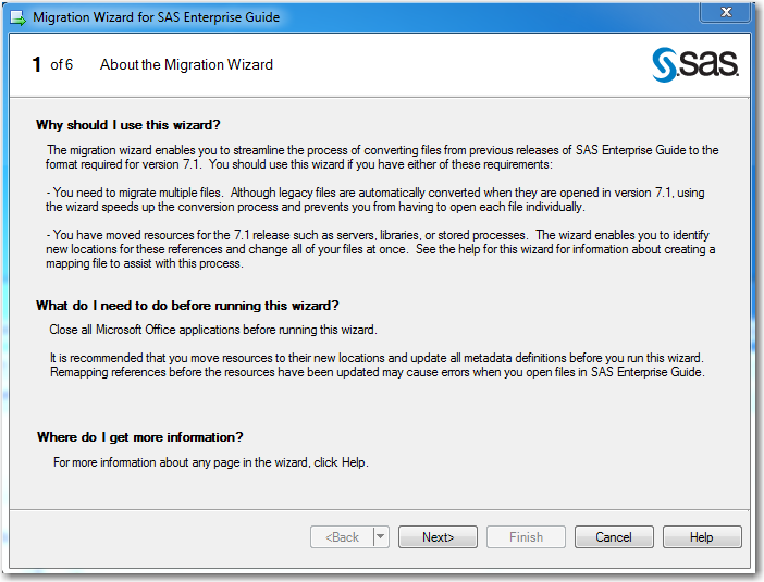 Page 1 of the SAS Enterprise Guide Migration Wizard