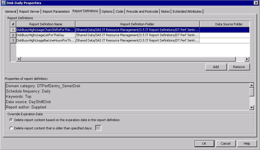 Report Definitions Tab of a Performance Report Transformation