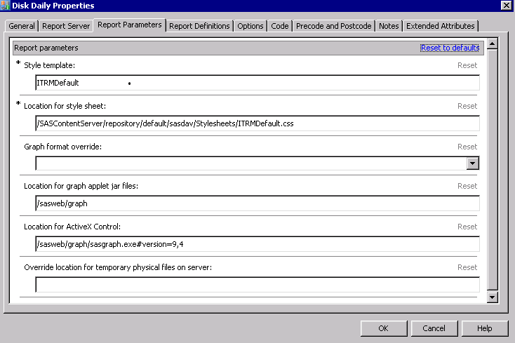 Report Parameters Tab of a Performance Report Transformation