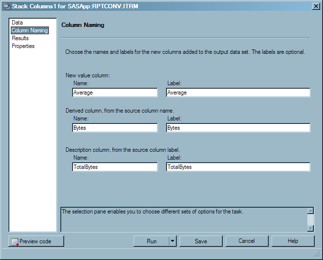 Stack Columns Window for Column Naming