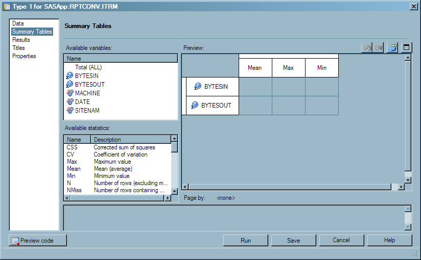 Summary Table Properties for Tabular Report Named “Type 1”