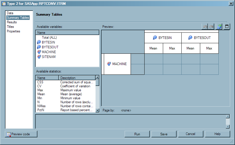 Summary Table Properties for Tabular Report Named “Type 2”