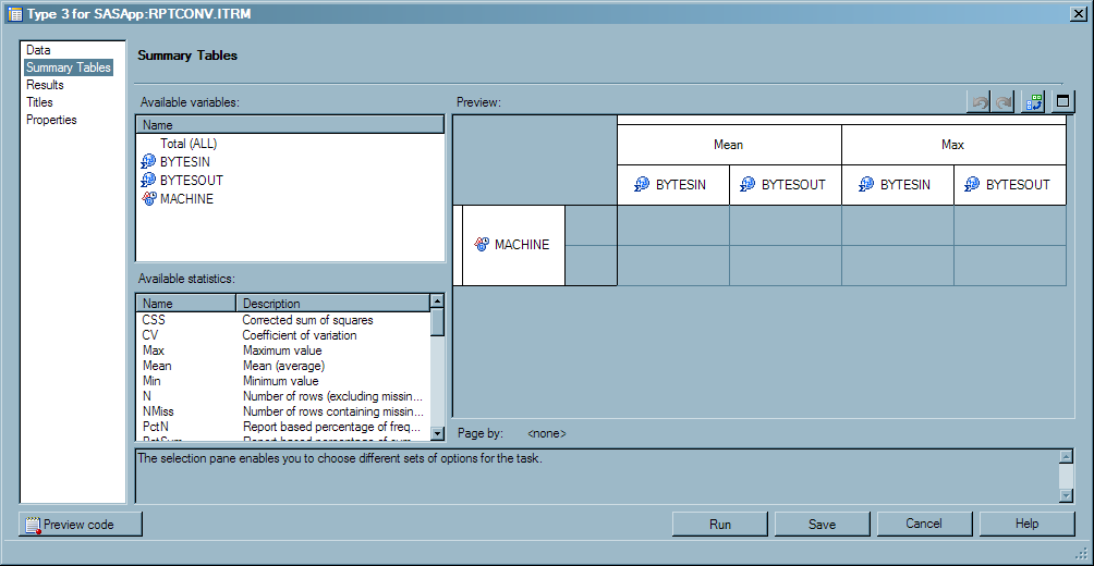 Summary Table Properties for Tabular Report Named “Type 3”