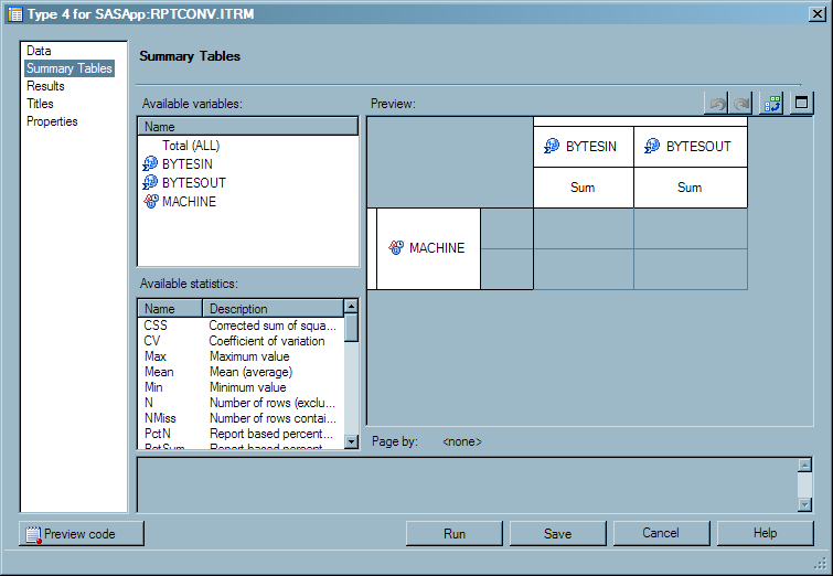 Summary Table Properties for Tabular Report Named “Type 4”