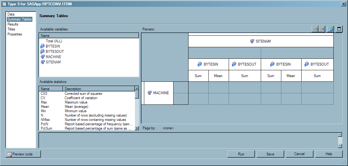 Summary Table Properties for Tabular Report Named “Type 5”