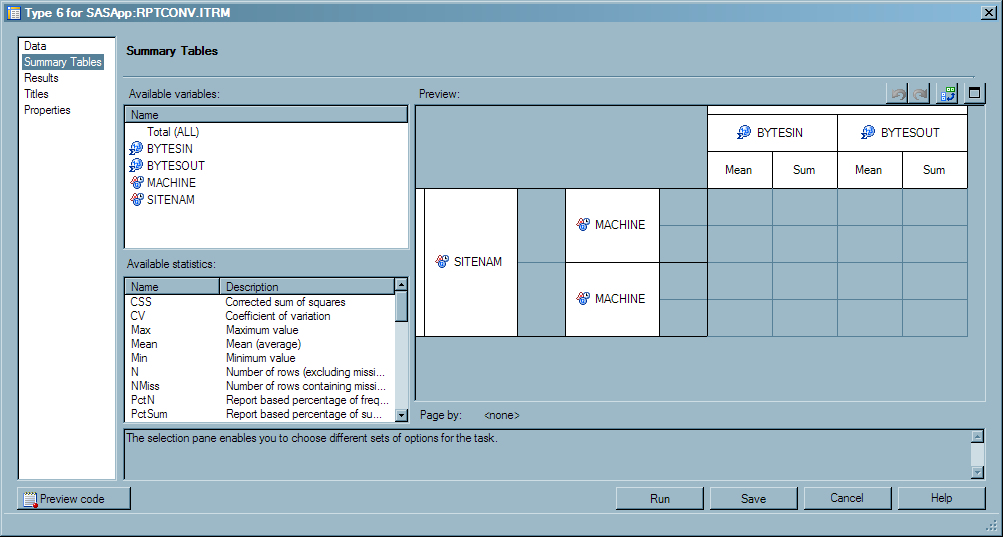 Summary Table Properties for Tabular Report Named “Type 6”