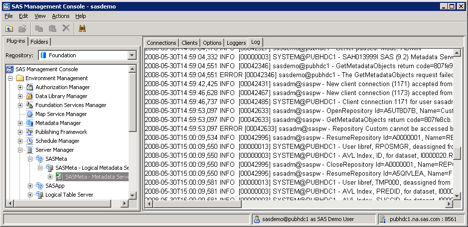 Log tab in SAS Management Console for the metadata server